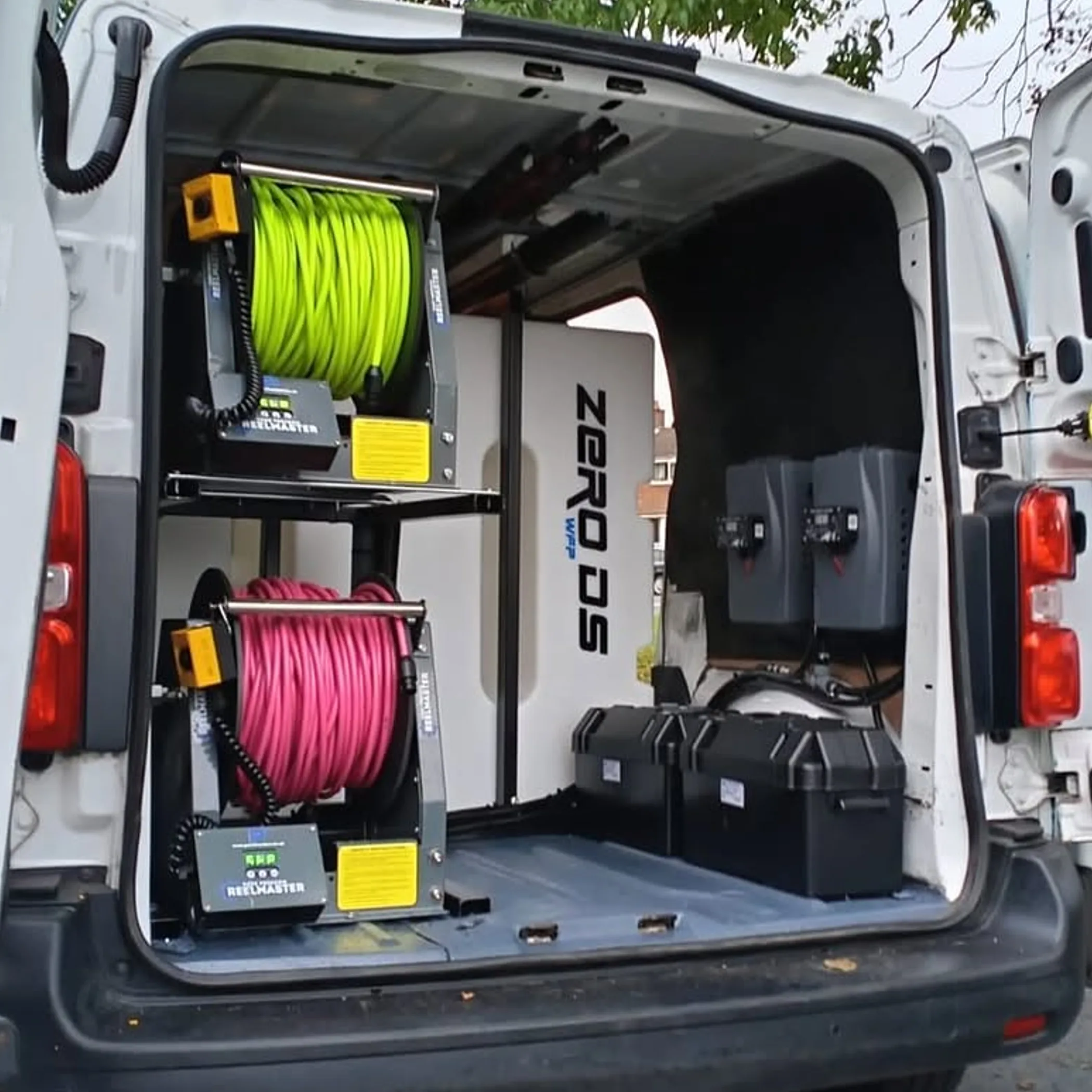 waterfed pole cleaning equipment in van